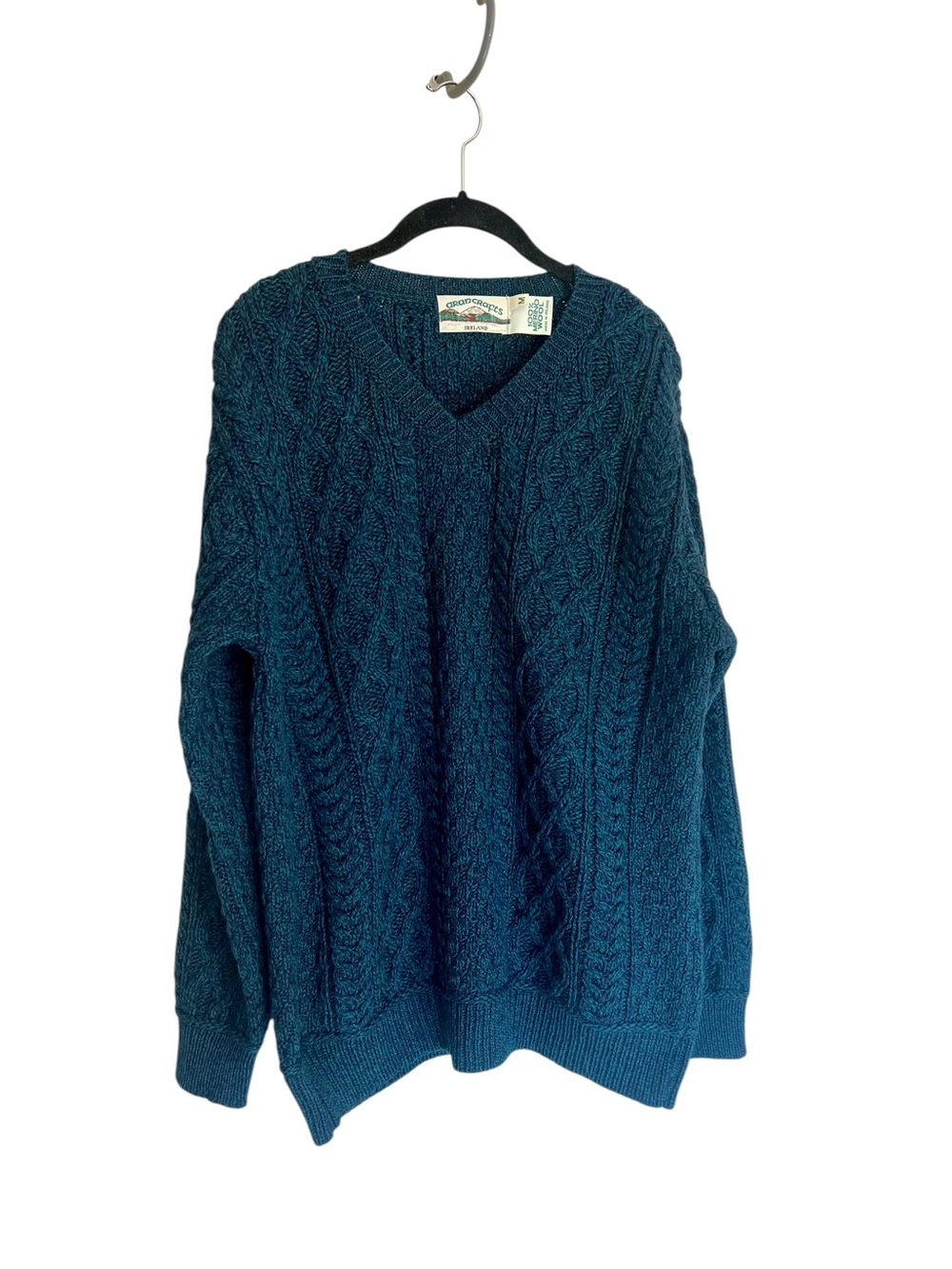 Aran Crafts Merino Wool cable knit v neck sweater green & blue sz M fisherman